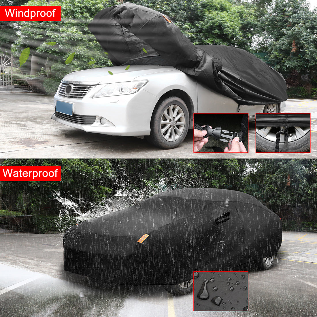 uxcell Uxcell 190T Car Cover Waterproof Breathable Scratch Rain Snow Heat Resistant with Driver Door Zipper Mirror Pocket and Reflective Strips
