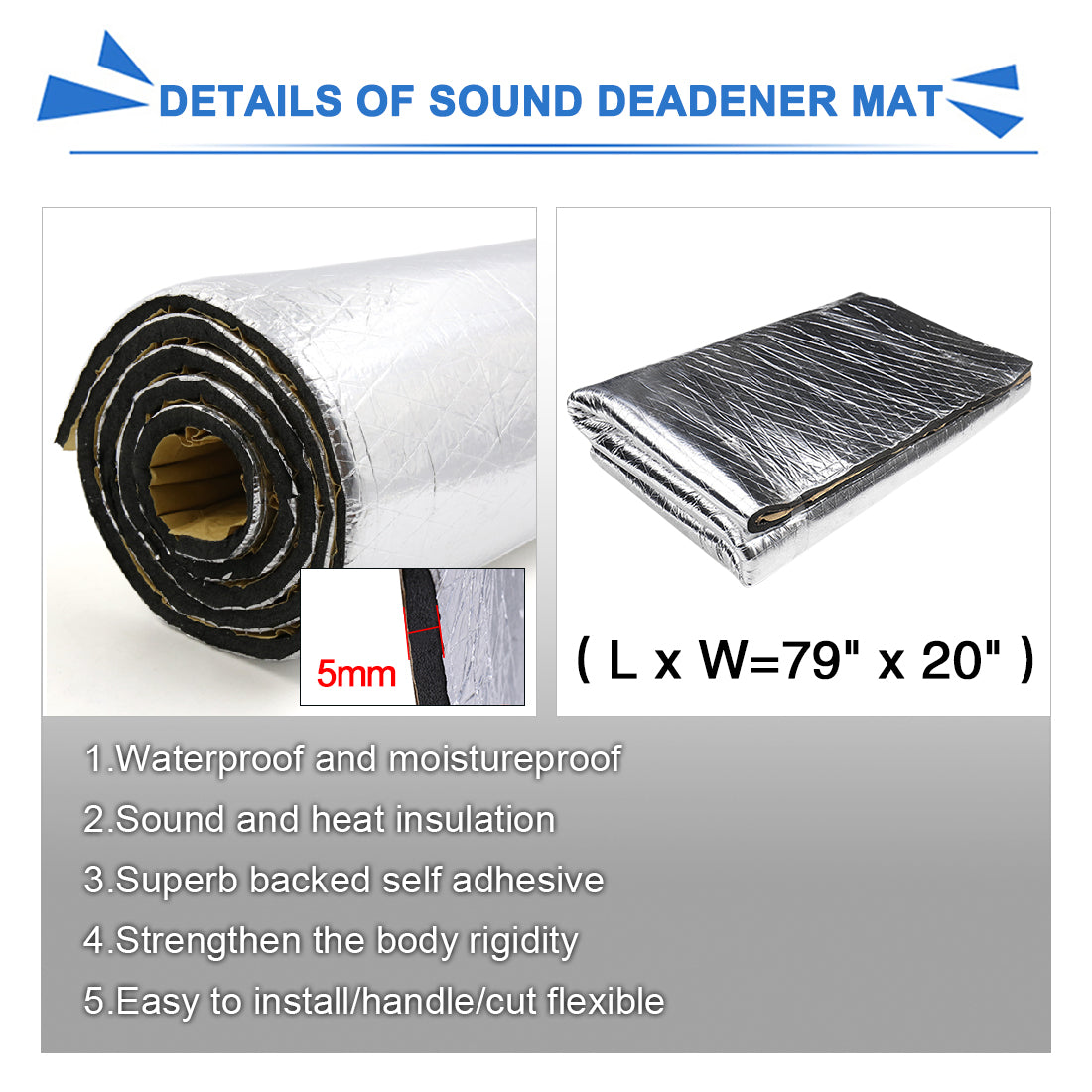 uxcell Uxcell 197mil 5mm 10.97sqft Heat Sound Deadening Deadener Insulation Mat for Car 79x20inch