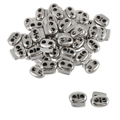 Harfington Uxcell 50 Pcs Plastic Cord Locks Double Hole End Spring Stopper Fastener, Silver Tone