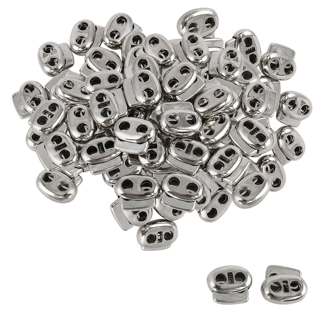 uxcell Uxcell 100 Pcs Plastic Cord Locks Double Hole End Spring Stopper Fastener, Silver Tone
