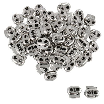 Harfington Uxcell 100 Pcs Plastic Cord Locks Double Hole End Spring Stopper Fastener, Silver Tone