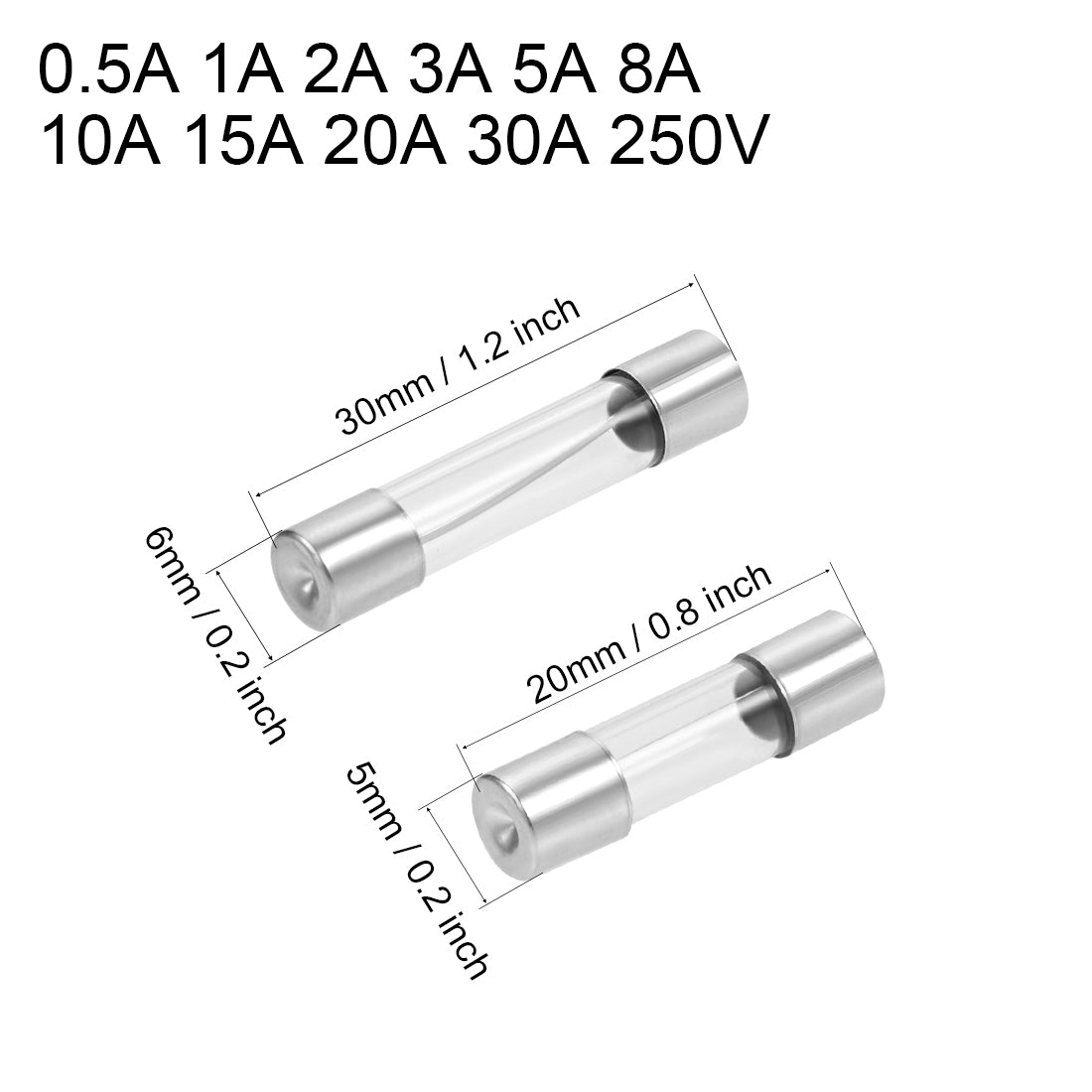 uxcell Uxcell Automotive Cartridge Fuse 0.5A 1A 2A 3A 5A 8A 10A 15A 20A 30A 250V 5x20mm 6x30mm Fast Blow Replacement for Car Audio Amplifier Glass 50pcs