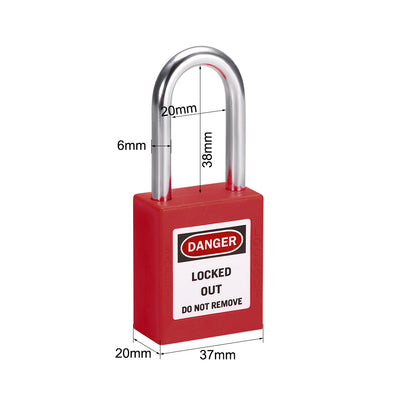 Harfington Uxcell Lockout Tagout Safety Padlock 38mm Steel Shackle Keyed Different Red 2Pcs