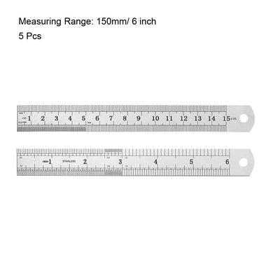 Harfington Uxcell Straight Ruler 150mm 6 Inch Metric Stainless Steel Measuring Ruler Tool with Hanging Hole 5pcs