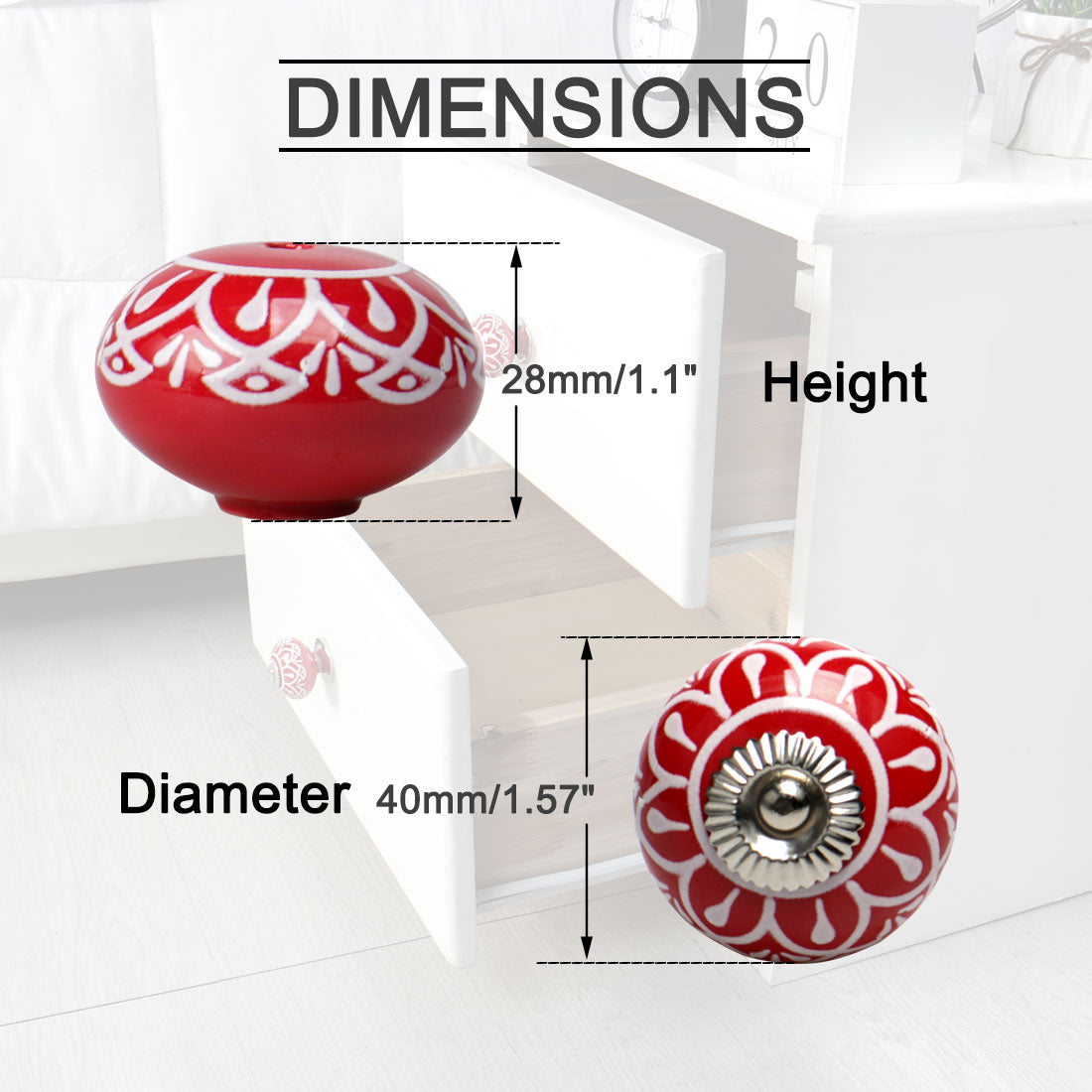 uxcell Uxcell Ceramic Vintage Knob Drawers Round Pull Handle Cabinet Wardrobe Door 2pcs, Red