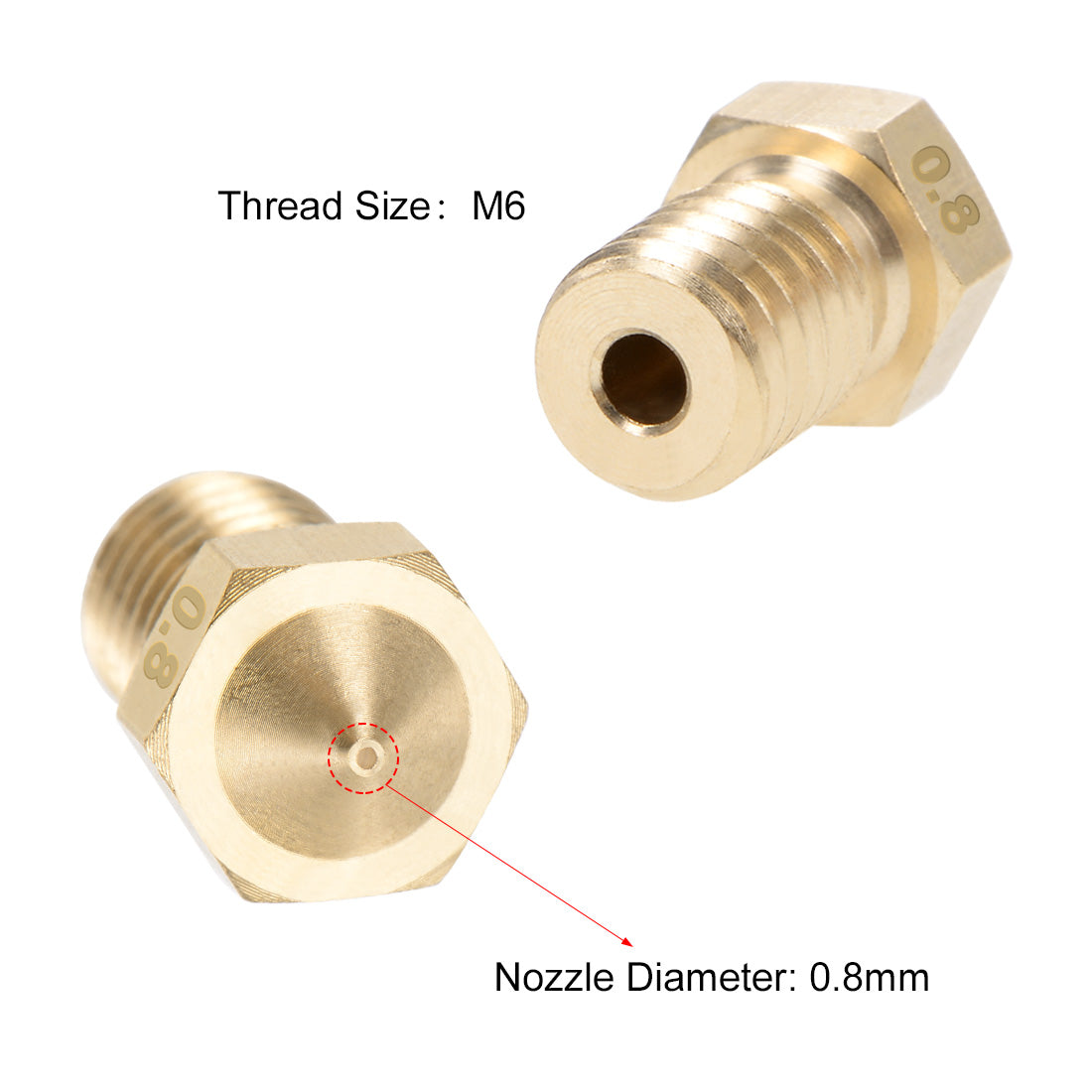 uxcell Uxcell 0.8mm 3D Printer Nozzle Head M6 for V5 V6 1.75mm Extruder Print, Brass 5pcs