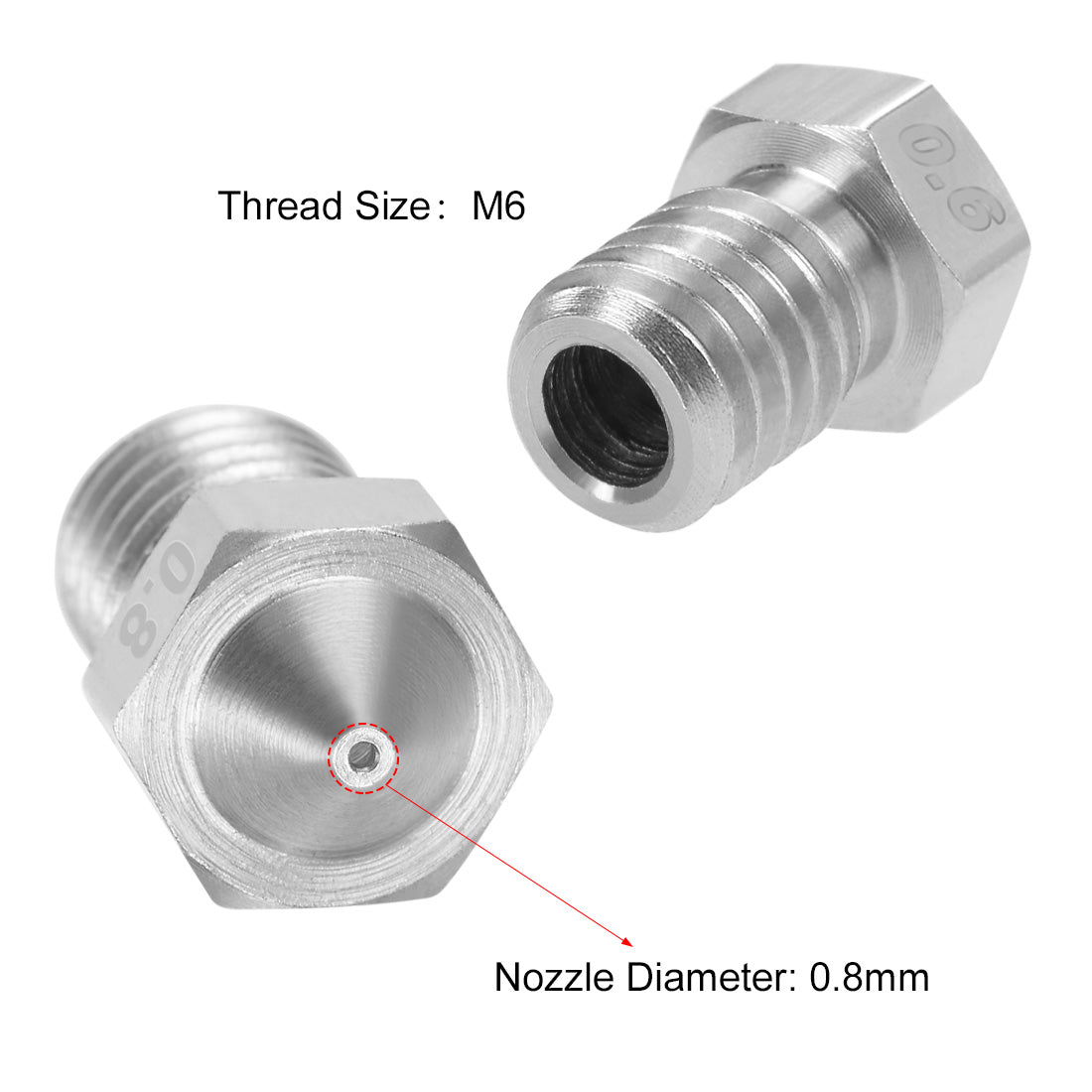 uxcell Uxcell 0.8mm 3D Printer Nozzle Head M6 Thread Replacement for V5 V6 3mm Extruder Print, Stainless Steel 4pcs