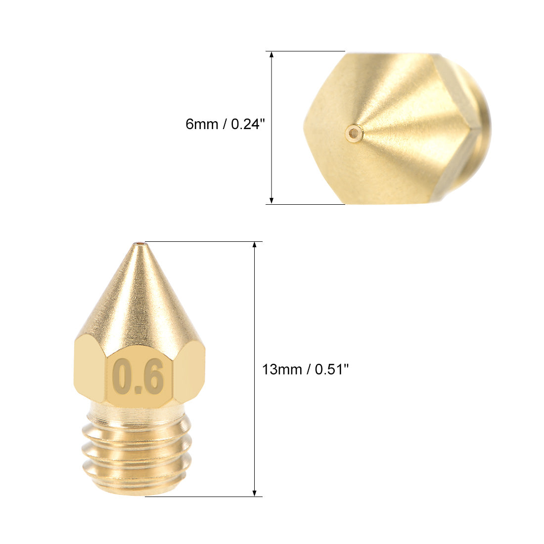 uxcell Uxcell 0.6mm 3D Printer Nozzle Head M6 for MK8 1.75mm Extruder Print, Brass 5pcs
