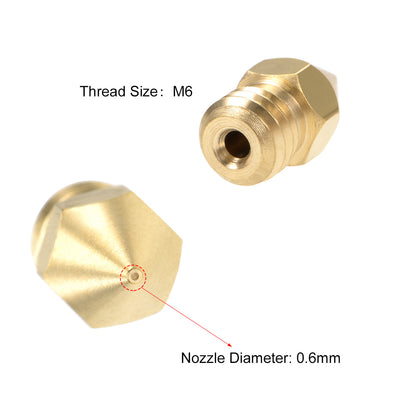 Harfington Uxcell 0.6mm 3D Printer Nozzle Head M6 Thread Replacement for MK8 1.75mm Extruder Print, Brass 6pcs