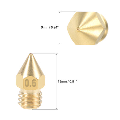 Harfington Uxcell 0.6mm 3D Printer Nozzle Head M6 Thread Replacement for MK8 1.75mm Extruder Print, Brass 10pcs
