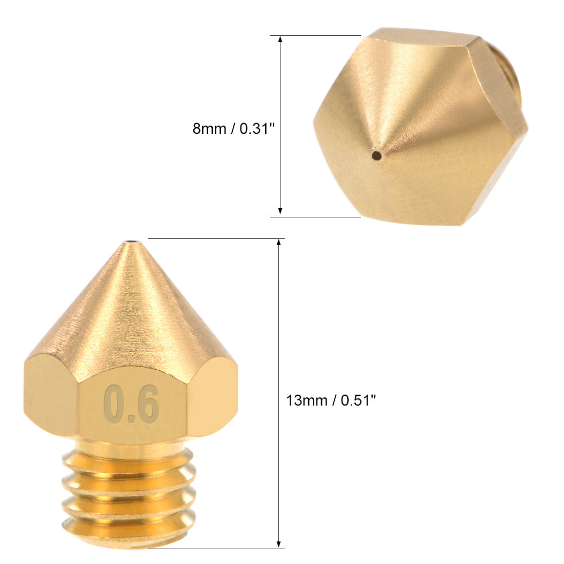 uxcell Uxcell 0.6mm 3D Printer Nozzles Head M6 for MK8 1.75mm Extruder Print, Brass 4pcs