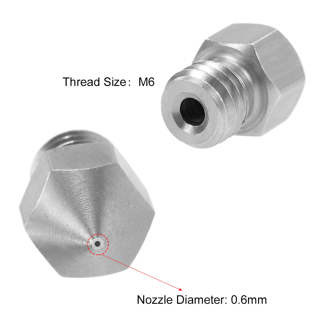 uxcell Uxcell 0.6mm 3D Printer Nozzles Head M6 Thread Replacement for MK8 1.75mm Extruder Print, Stainless Steel 5pcs