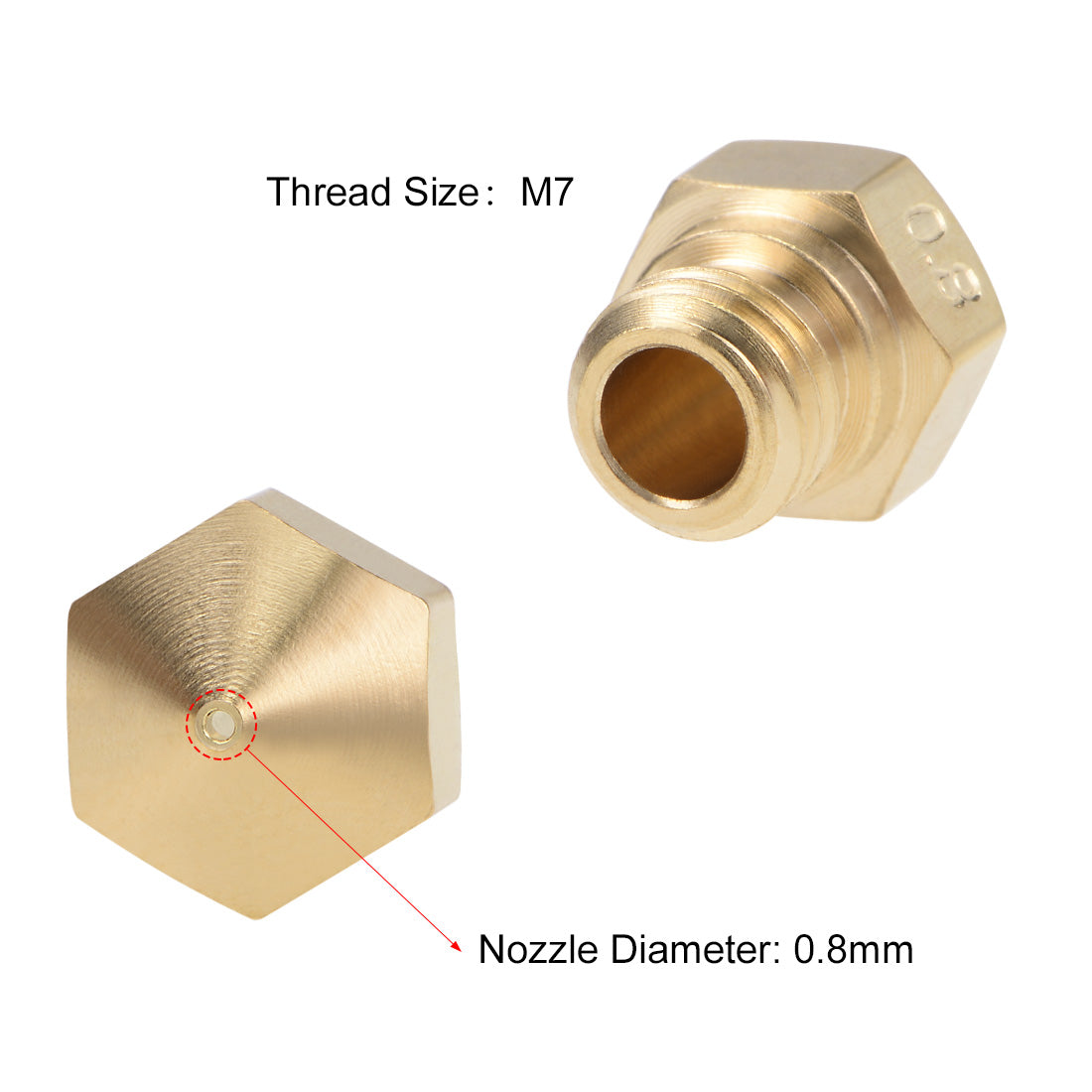 uxcell Uxcell 0.8mm 3D Printer Nozzle Head M7 Thread Replacement for MK10 1.75mm Extruder Print, Brass 5pcs