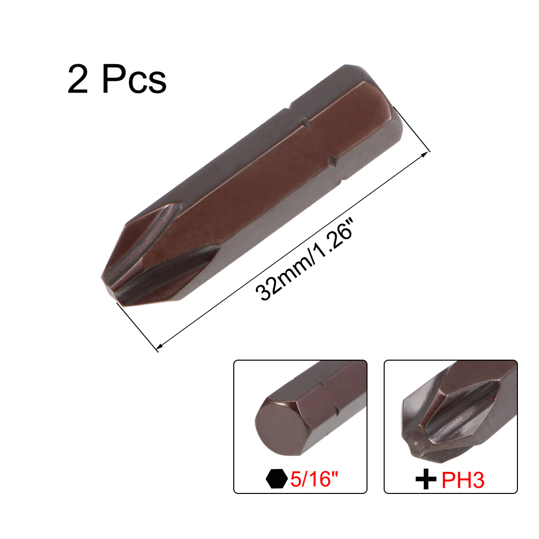 Uxcell 2pcs Phillips Bits 5/16 inch 8mm Hex Shank 32mm Length Cross PH3 ...