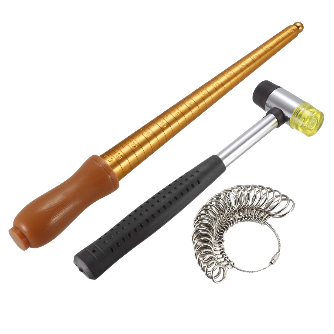 uxcell Uxcell Ring Sizer Mandrel Kit US 0-13 Finger Measuring Stick Ruler Gauge Copper Plating Aluminum with 27 Zinc Alloy Circle Models Rubber Hammer 1 Set