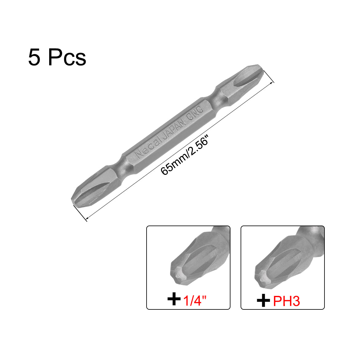 Uxcell Uxcell Phillips Bits 1/4-Inch Hex Shank 65mm Length Cross PH3 Double-Head Magnetic Screw Driver S2 Screwdriver Bit 5Pcs