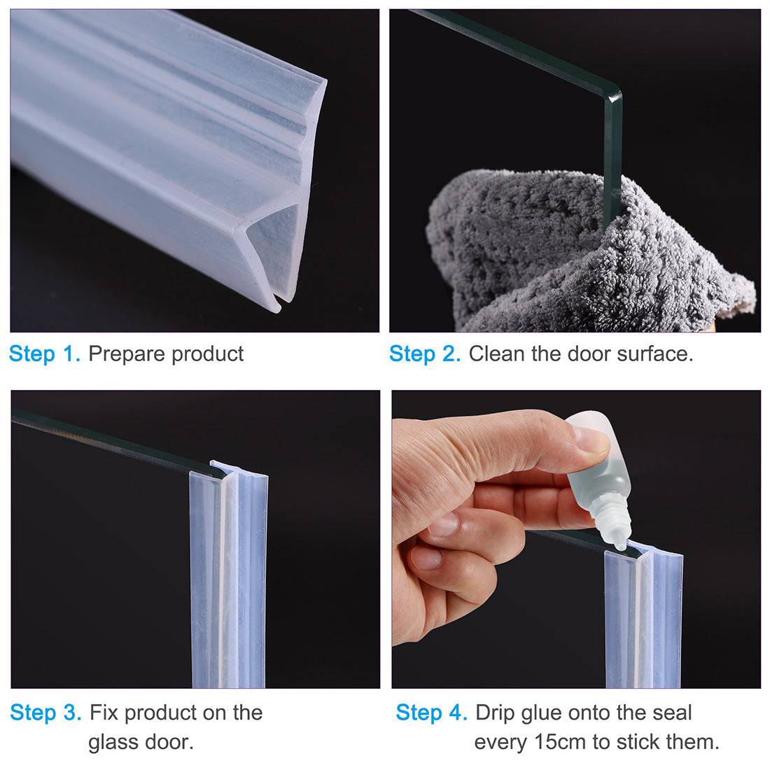 uxcell Uxcell Frameless Glass Shower Door Sweep - Door Corner Side Seal Strip Corner-Type with 3/8"(10mm) Drip Rail - 5/16"(8mm) Glass x 39.37"(1000mm) Length