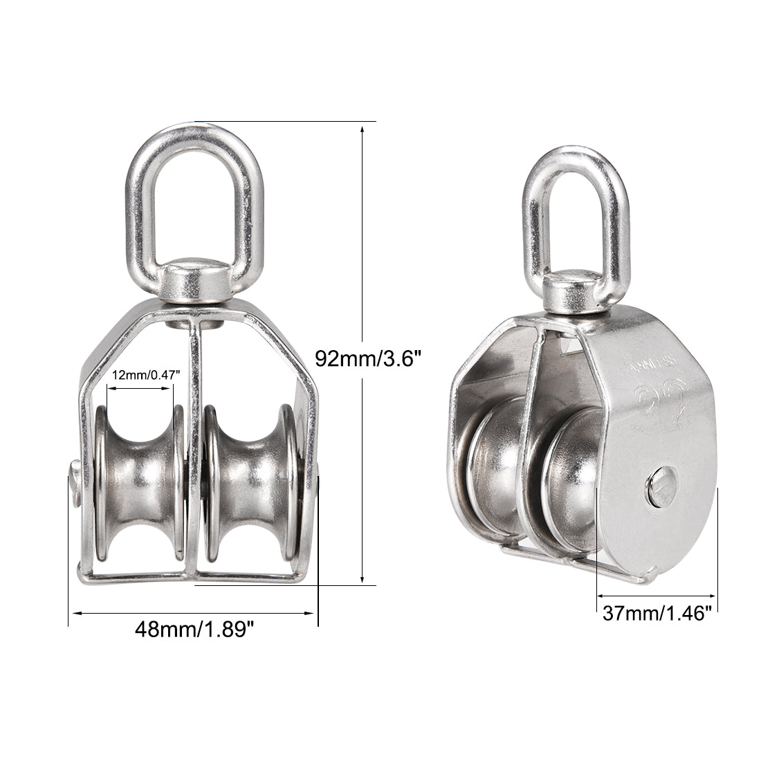 uxcell Uxcell M32 Lifting Crane Swivel Hook  Pulley Block Hanging Wire Towing Double Wheel Stainless Steel 2pcs