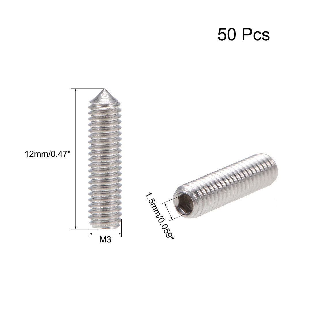 uxcell Uxcell 50Pcs M3x12mm Internal Hex Socket Set Grub Screws Cone Point 304 Stainless Steel Screw