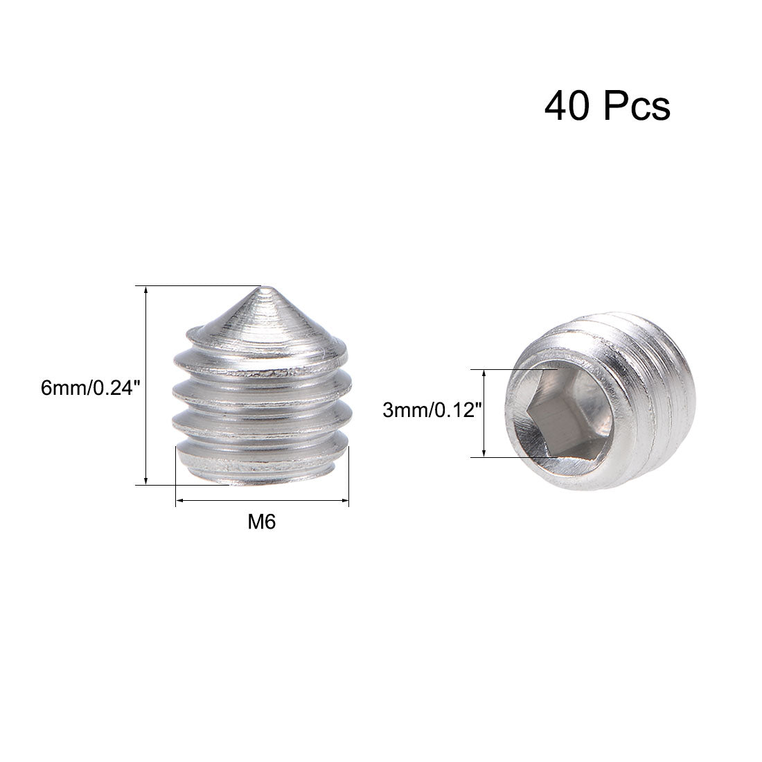 uxcell Uxcell 40Pcs M6x6mm Internal Hex Socket Set Grub Screws Cone Point 304 Stainless Steel Screw