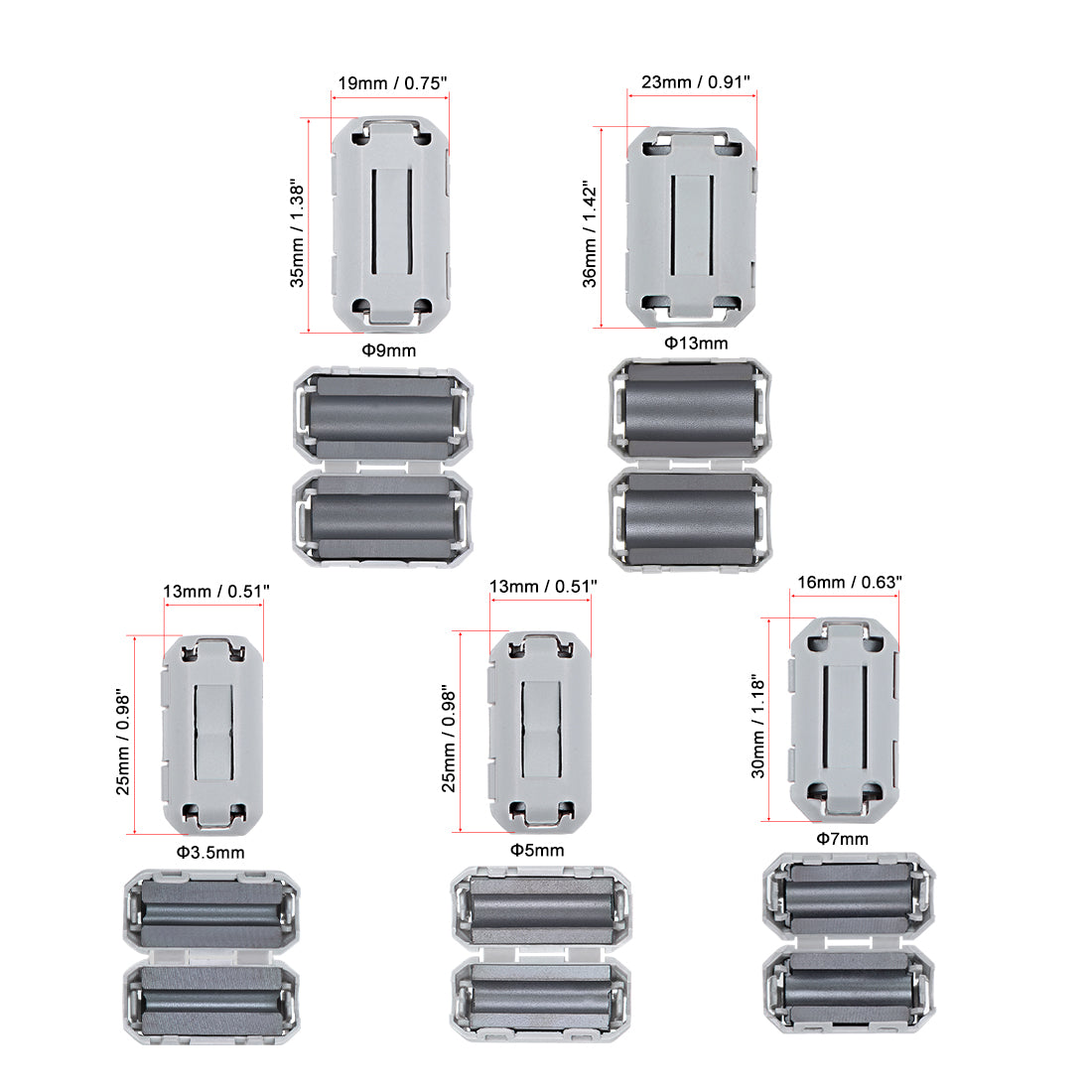 uxcell Uxcell Ferrite Cores Ring 3.5mm 5mm 7mm 9mm 13mm RFI EMI Noise Cable Clip Grey 20pcs