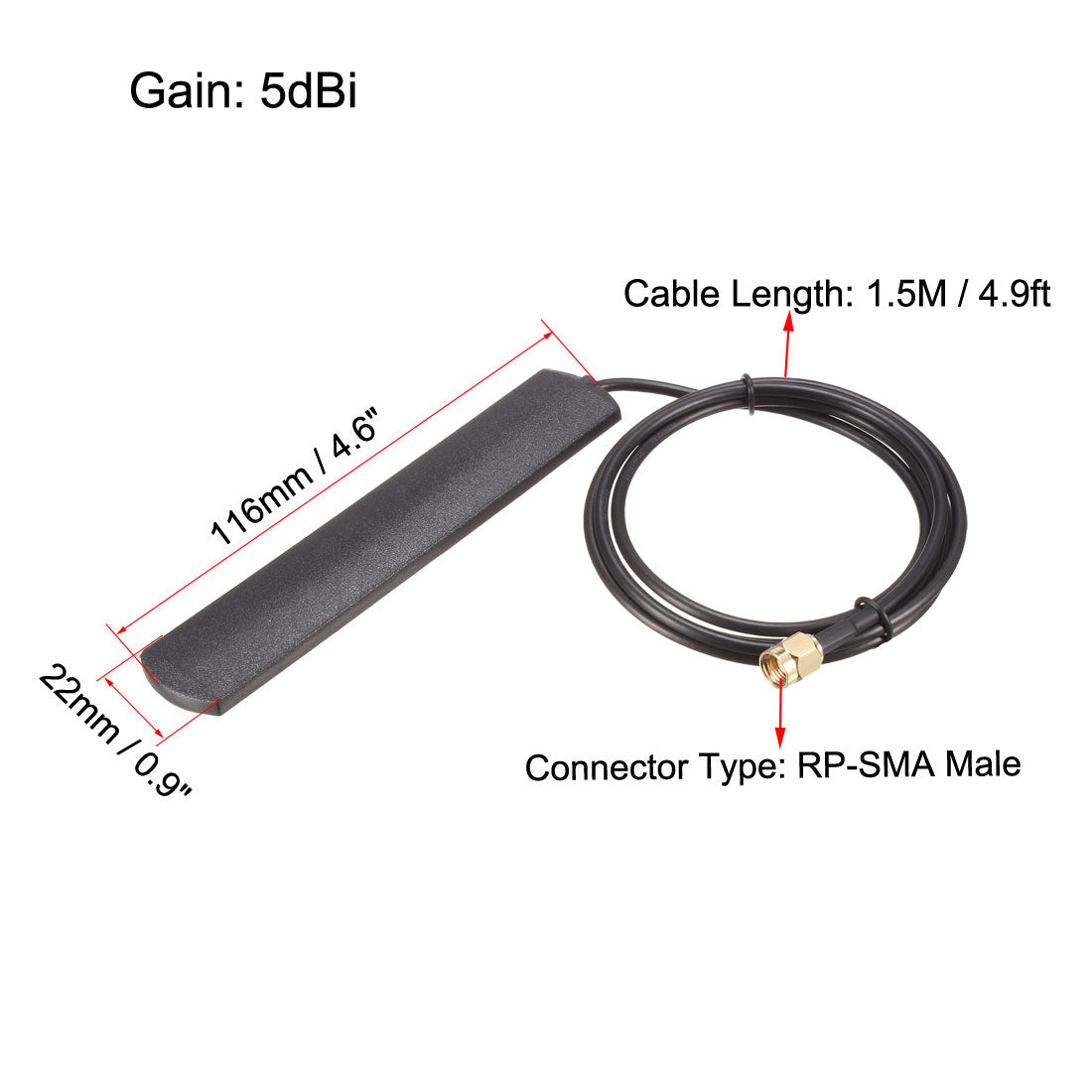 Uxcell Uxcell GSM GPRS WCDMA Patch Antenna Adhesive Mount 5dBi 824-960/1710-1990MHz 3G RP-SMA Male Connector RG174 Extension Cable 1.5M Black