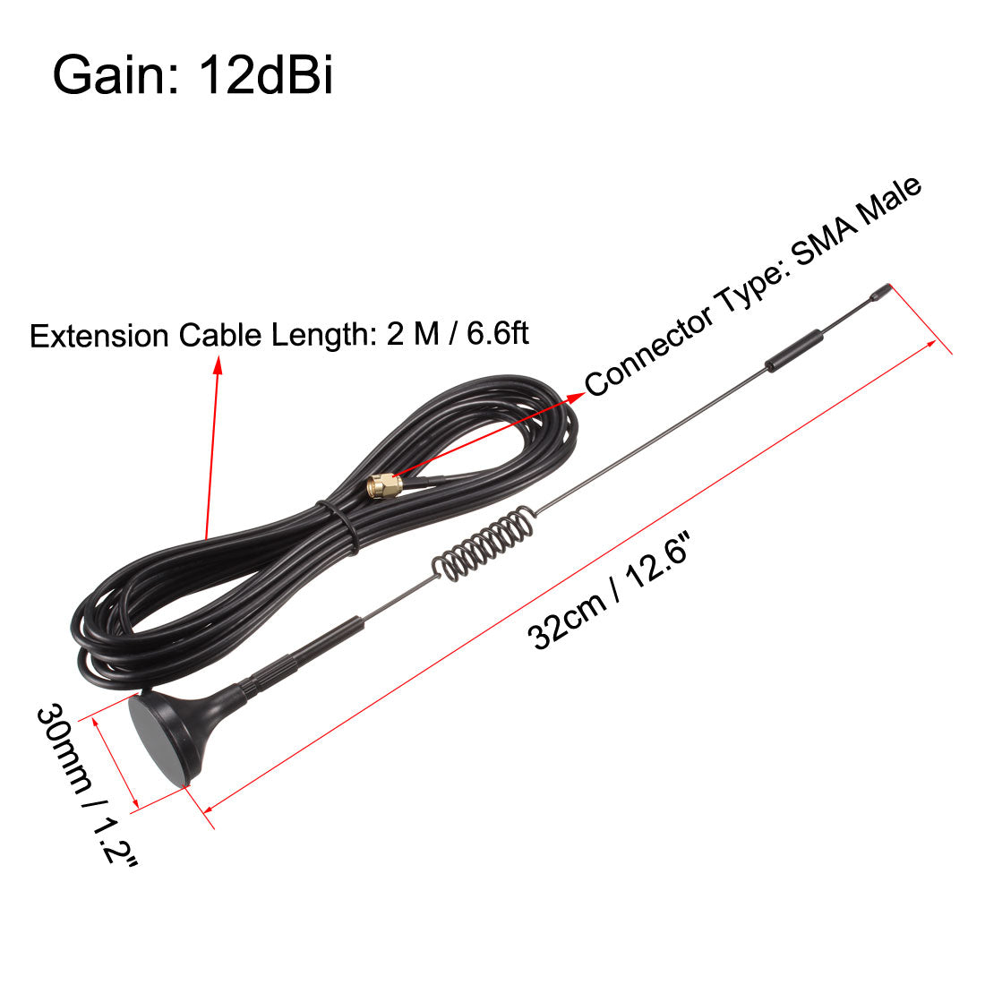 uxcell Uxcell GSM GPRS WCDMA LTE Antenna 3G 4G 12dBi RG174 700-2700MHz SMA Male Extension Cable 2 Meter Omni Direction with Magnetic Base
