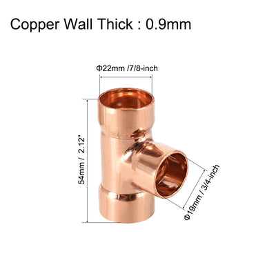 Harfington Uxcell 7/8-inch x 3/4-inch x 7/8-inch Copper Reducing Tee Copper Pressure Pipe Fitting Conector  for Plumbing Supply and Refrigeration 2pcs