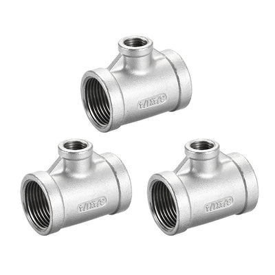 Harfington Uxcell Stainless Steel 304 Cast  Pipe Fitting 3/4 BSPT x 1/4 BSPT x 3/4 BSPT Female Tee Shaped Connector Coupler 3pcs