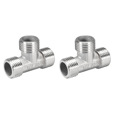 Harfington Uxcell Stainless Steel 304 Cast  Pipe Fitting G1/2 Male Tee Shaped Connector Coupler 2pcs