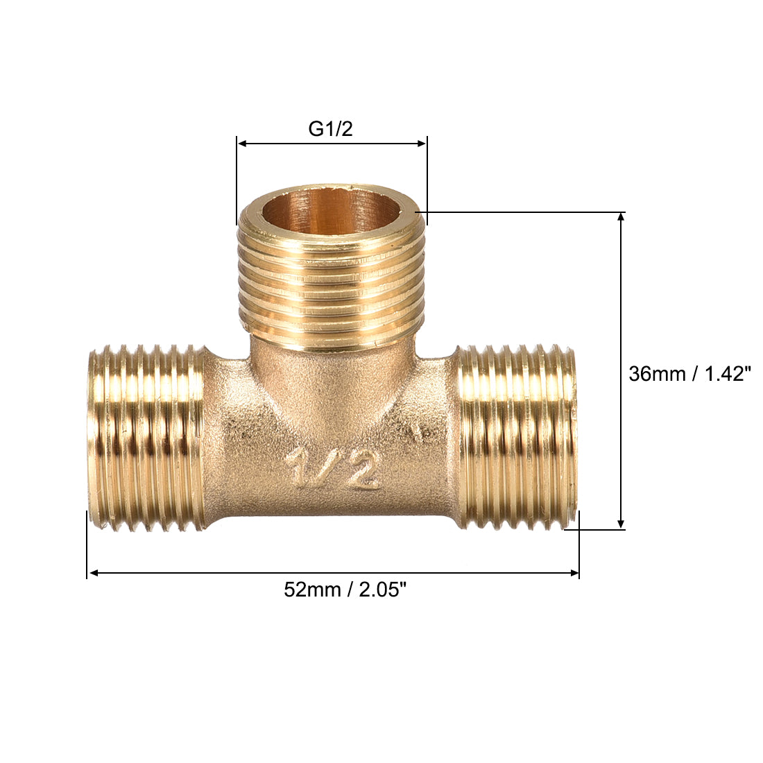uxcell Uxcell Brass Tee Pipe Fitting G1/2 Male Thread T Shaped Connector Coupler