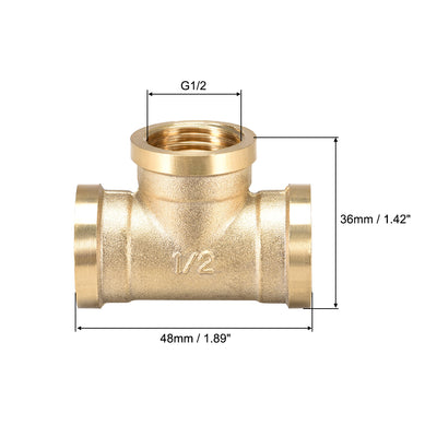 Harfington Uxcell Brass Tee Pipe Fitting G1/2  Female Thread T Shaped Connector Coupler