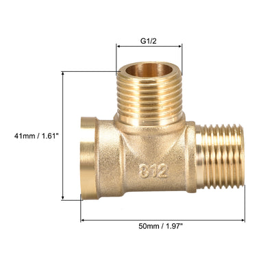 Harfington Uxcell Brass Tee Pipe Fitting G1/2 Male x G1/2 Male  x G1/2 Female T Shaped Connector Coupler
