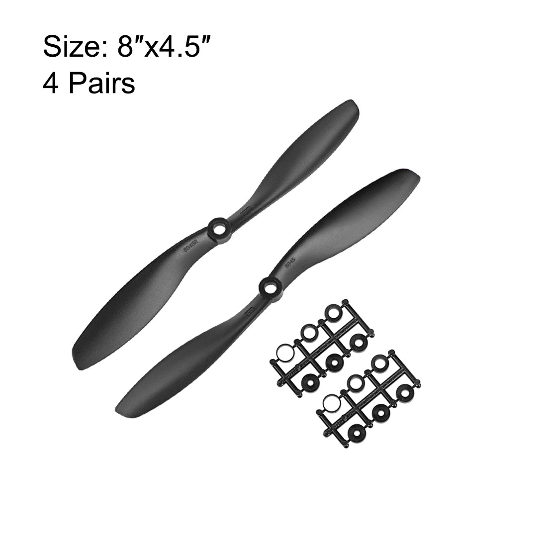 uxcell Uxcell RC Propellers CW CCW 8045 8x4.5 Inch 2-Vane Fixed-Wing for Airplane Toy, Nylon Black 4 Pair with Adapter Rings
