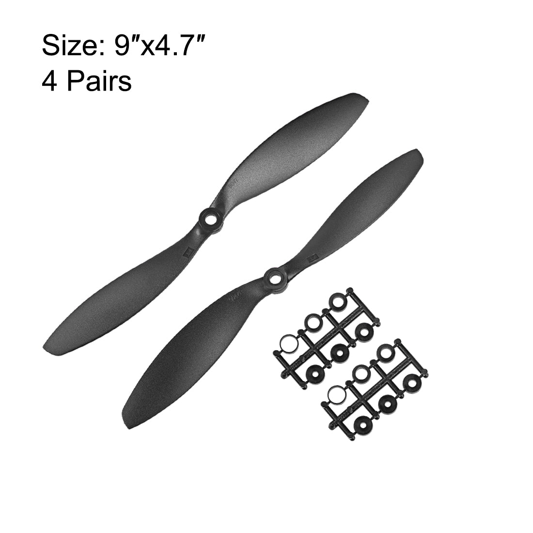 uxcell Uxcell RC Propellers CW CCW 9047 9x4.7 Inch 2-Vane Fixed-Wing for Airplane Toy, Nylon Black 4 Pair with Adapter Rings