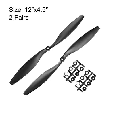 Harfington Uxcell RC Propellers CW CCW 1245 12x4.5 Inch 2-Vane Fixed-Wing for Airplane Toy, Nylon Black 2 Pair with Adapter Rings