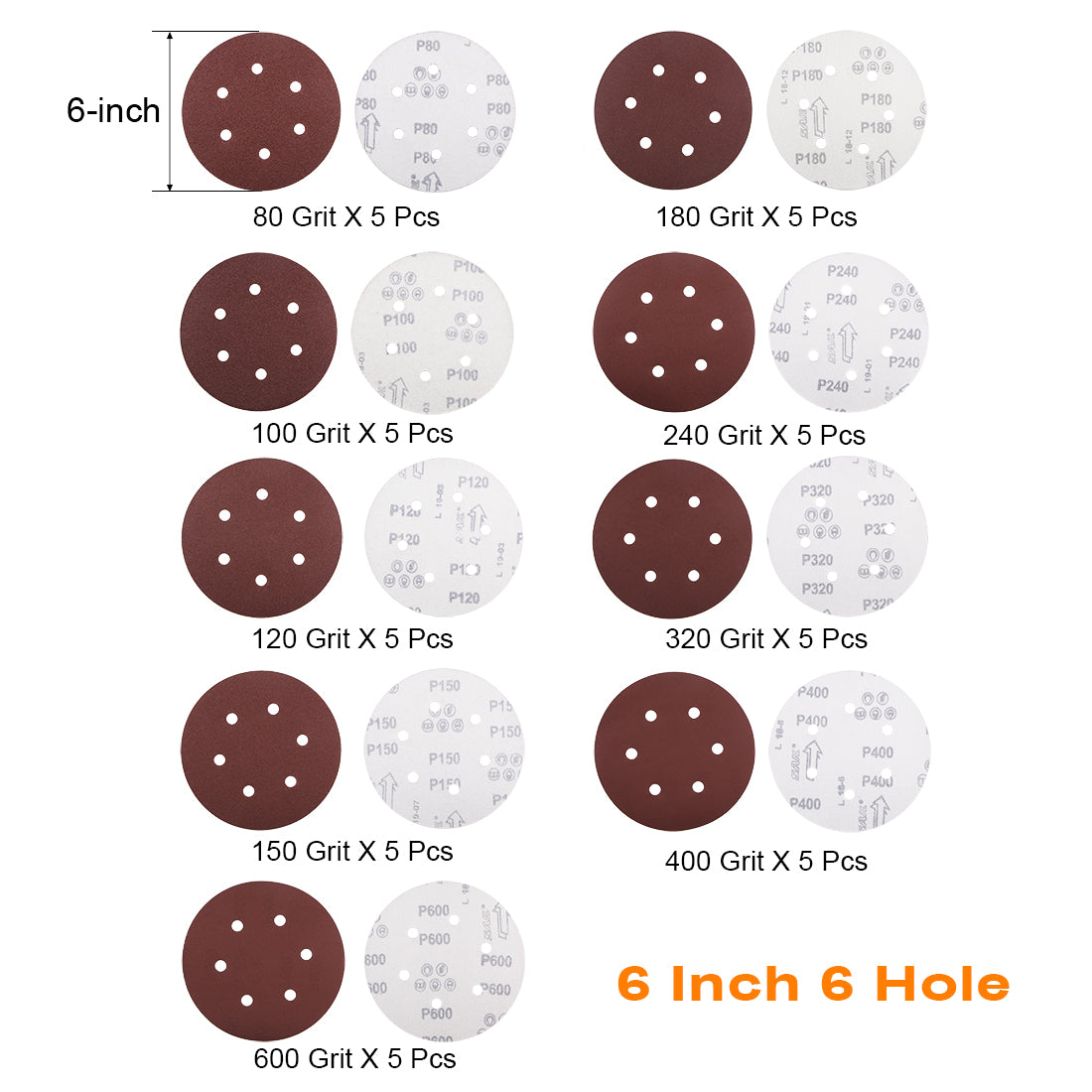 Uxcell Uxcell 45pcs 6 Inch 6 Hole Sanding Disc 80/100/120/150/180/240/320/400/600 Grit