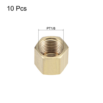 Harfington Uxcell 1/8 Inch Brass Cap 10pcs PT1/8 Female Pipe Fitting Hex Compression Stop Valve Connector 11x11mm