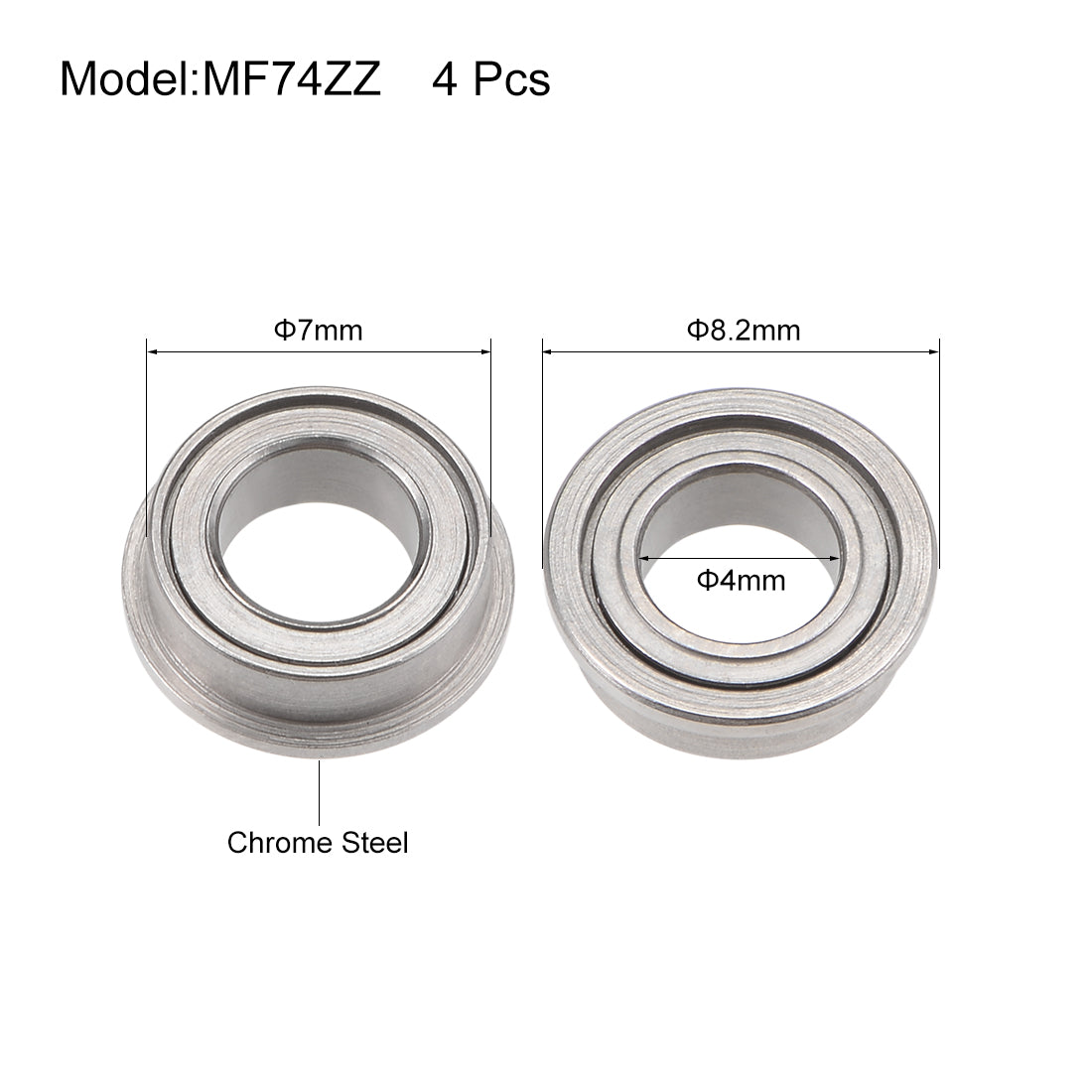 uxcell Uxcell MF74ZZ Flange Ball Bearing 4x7x2.5mm Shielded Chrome Bearings 4pcs