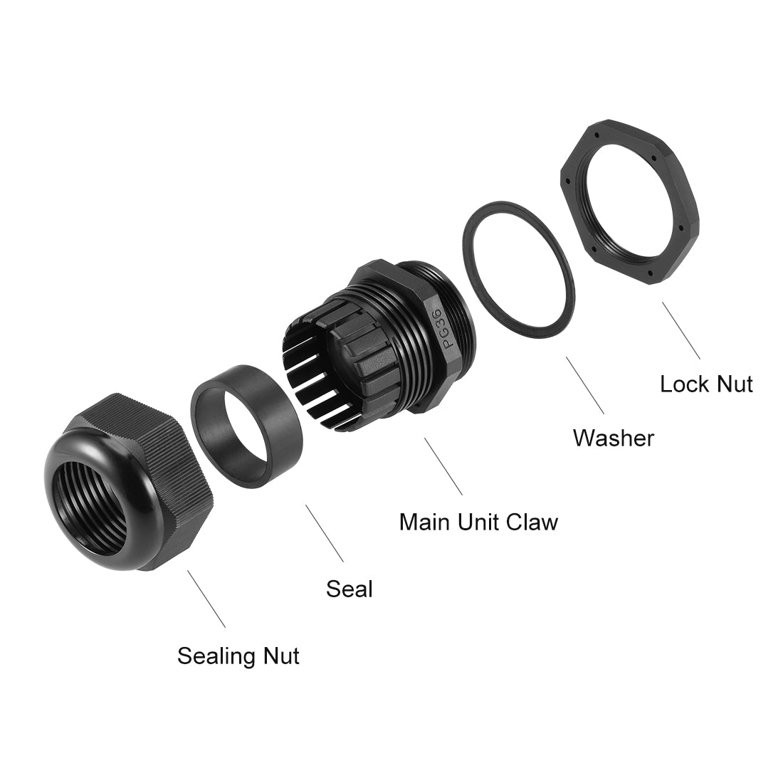 uxcell Uxcell PG36 Cable Gland 22mm-32mm Wire Hole Waterproof Nylon Joint Adjustable Locknut with Washer Black 6pcs