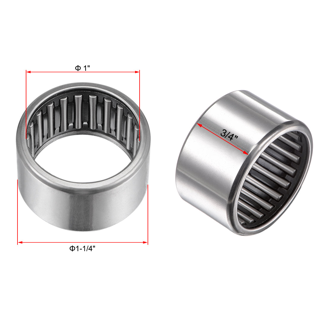 uxcell Uxcell Needle Roller Bearings, Open End, Stamping Steel Drawn Cup, Inches
