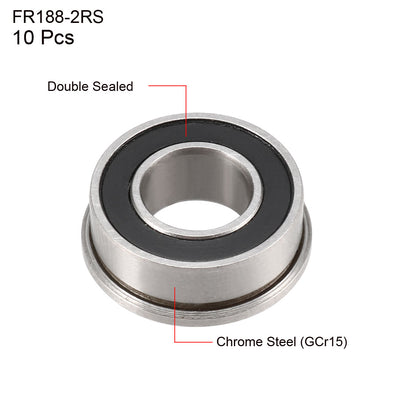 Harfington Uxcell FR188-2RS Flange Ball 1/4" x 1/2" x 3/16" Double Sealed (GCr15) Chrome Steel Bearings 10pcs