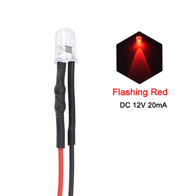 Harfington Uxcell 5Pcs DC 12V 5mm Pre Wired LED, Flashing Red Light Round Top Clear Lens, Light Emitting Diodes with Edge