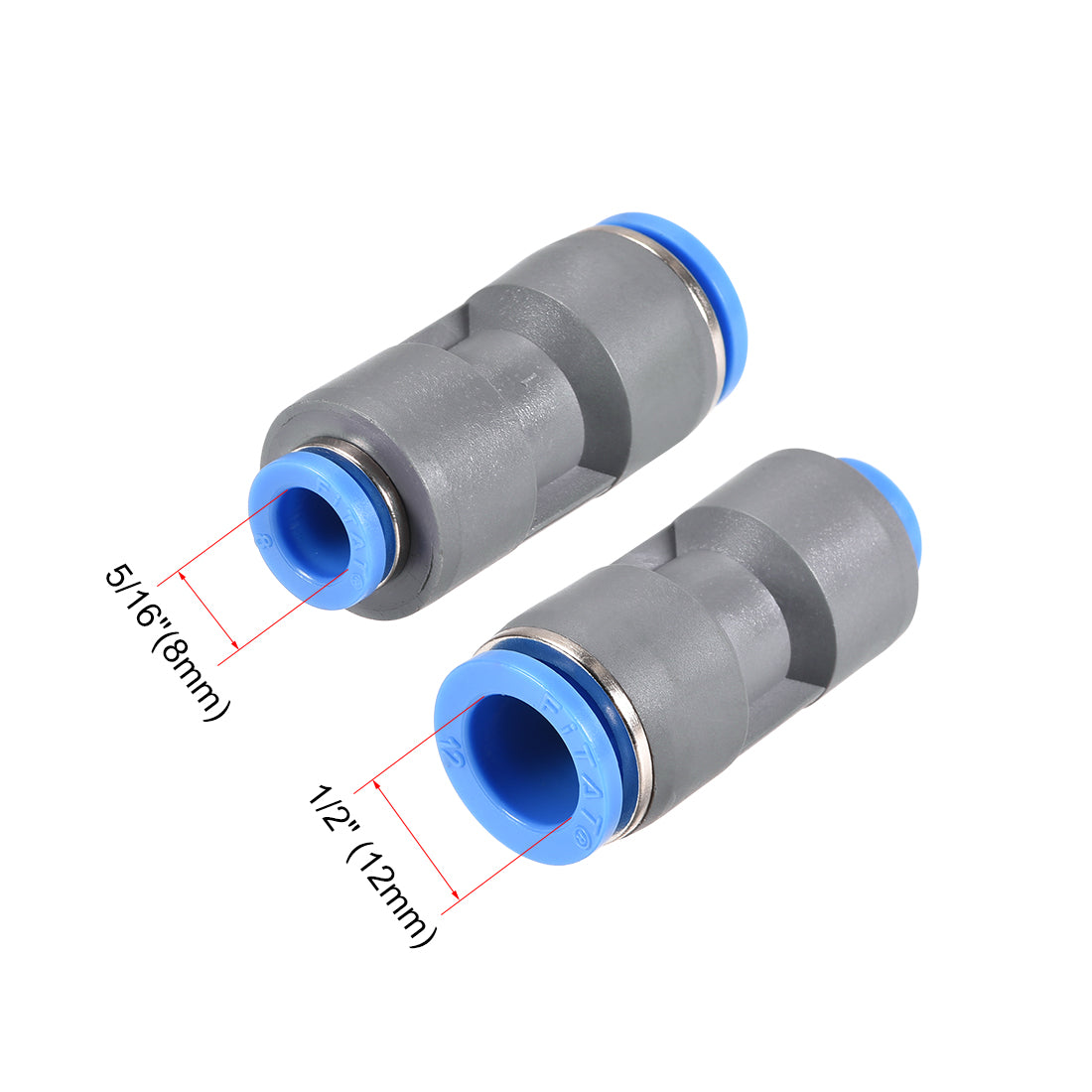 uxcell Uxcell Straight Push to Connector Reducer Fitting 12mm to 8mm Plastic Union Pipe Tube Fitting Grey 2Pcs