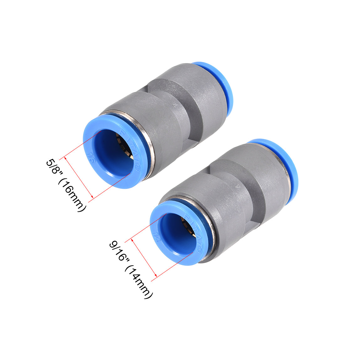 uxcell Uxcell Straight Push to Connector Reducer Fitting 16mm to 14mm Plastic Union Pipe Tube Fitting Grey 2Pcs
