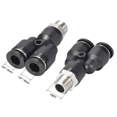 Harfington Uxcell Push To Connect Air Fittings Y Type Tube Connect 6mm OD x 1/8PT Male Thread Tube Fittings Push Lock Black 2Pcs
