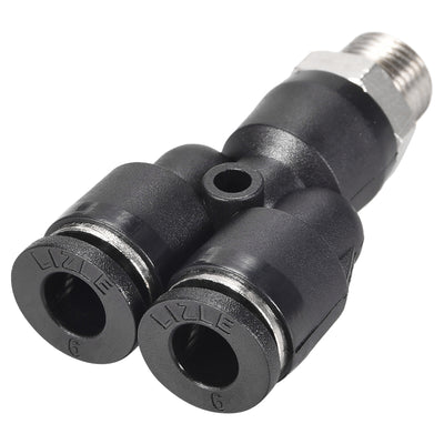Harfington Uxcell Push To Connect Air Fittings Y Type Tube Connect 6mm OD x 1/8PT Male Thread Tube Fittings Push Lock Black 5Pcs