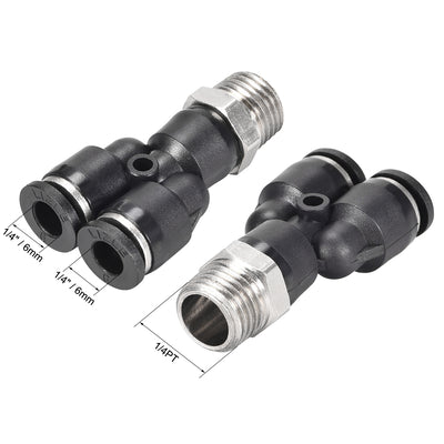 Harfington Uxcell Push To Connect Air Fittings Y Type Tube Connect 6mm OD x 1/4PT Male Thread Tube Fittings Push Lock Black 2Pcs
