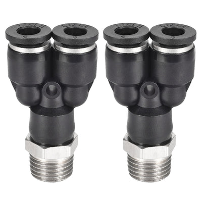 Harfington Uxcell Push To Connect Air Fittings Y Type Tube Connect 6mm OD x 1/4PT Male Thread Tube Fittings Push Lock Black 2Pcs
