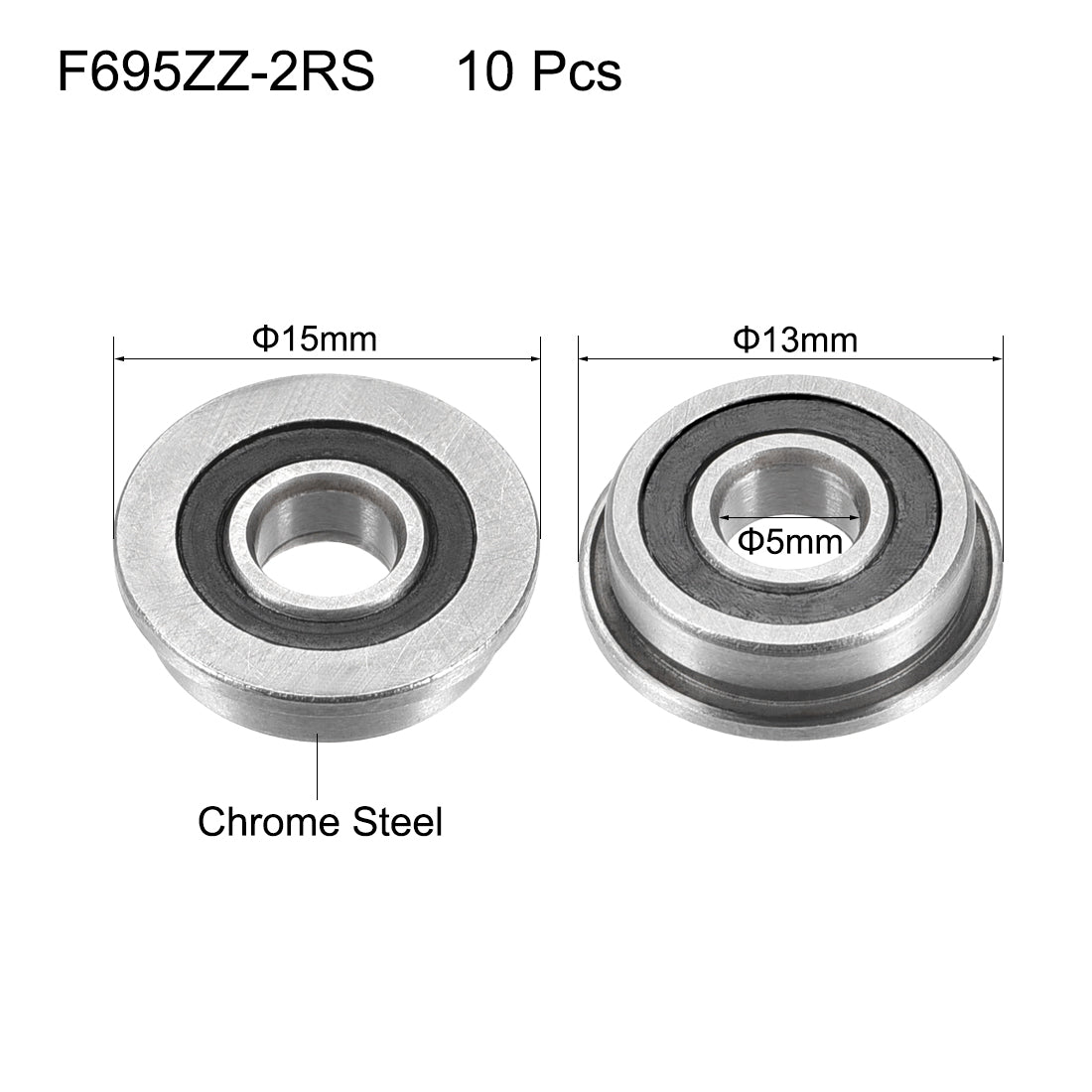 uxcell Uxcell F695-2RS  Flange Ball Bearing 5x13x4mm Double Sealed Chrome Steel Bearing 10pcs